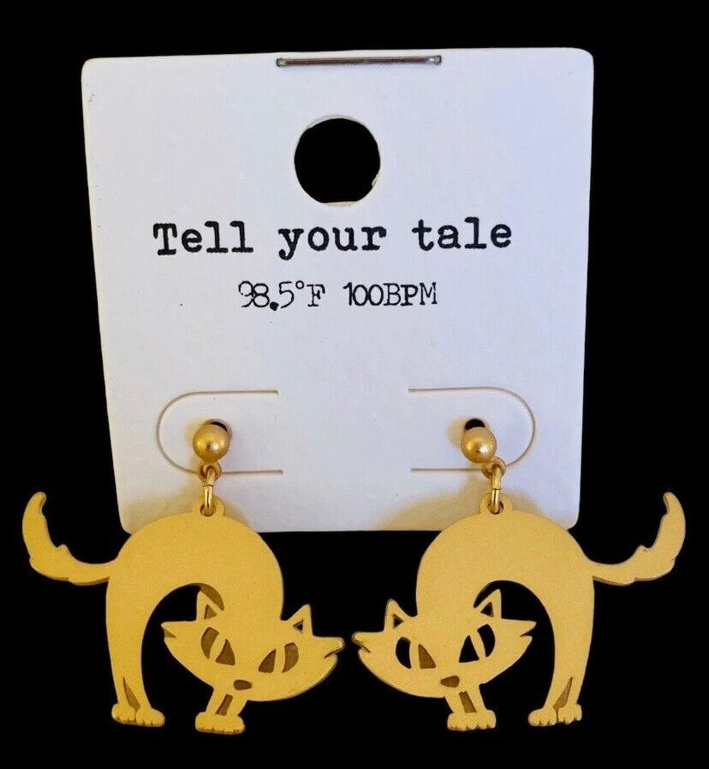 New Matte Gold tone Arching Kitty Cat Kitten Kittens Cats Drop Pierced Earrings